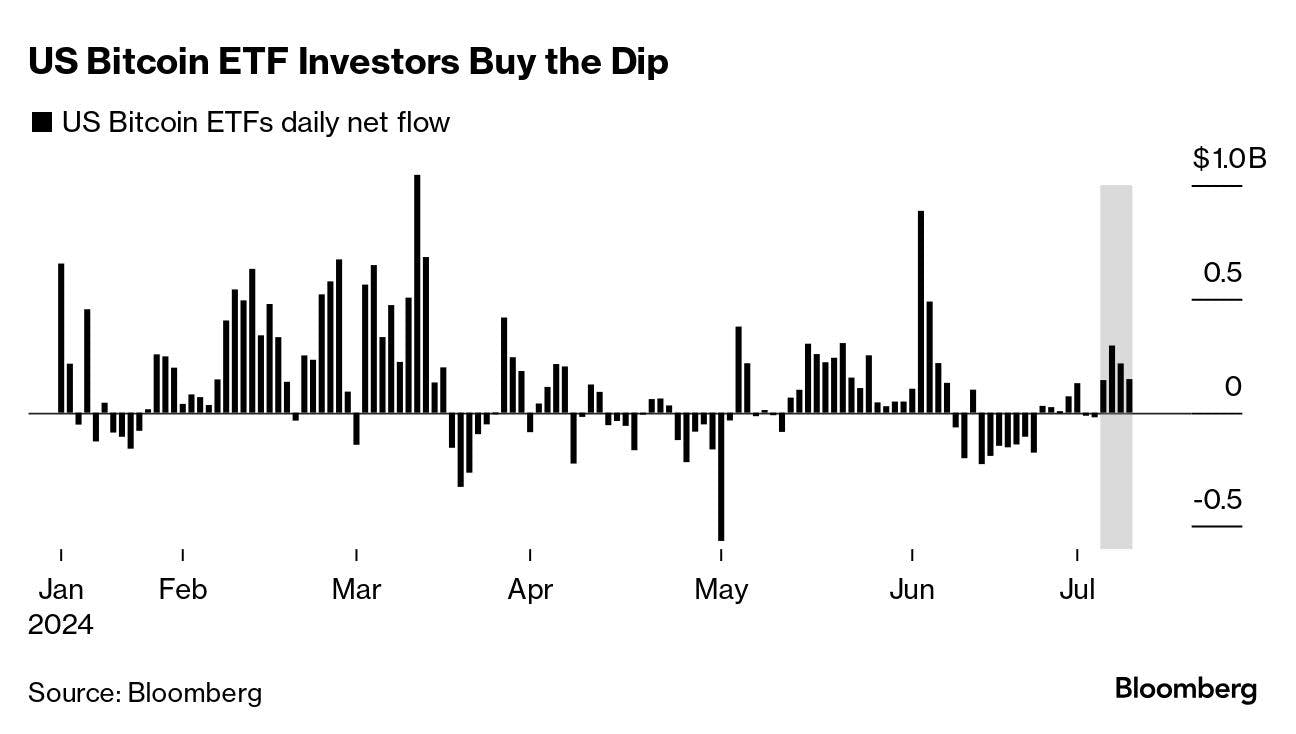 Bitcoin ETFs registered net inflows despite Bitcoin's price falling 20% over the last month. (Source:Bloomberg)